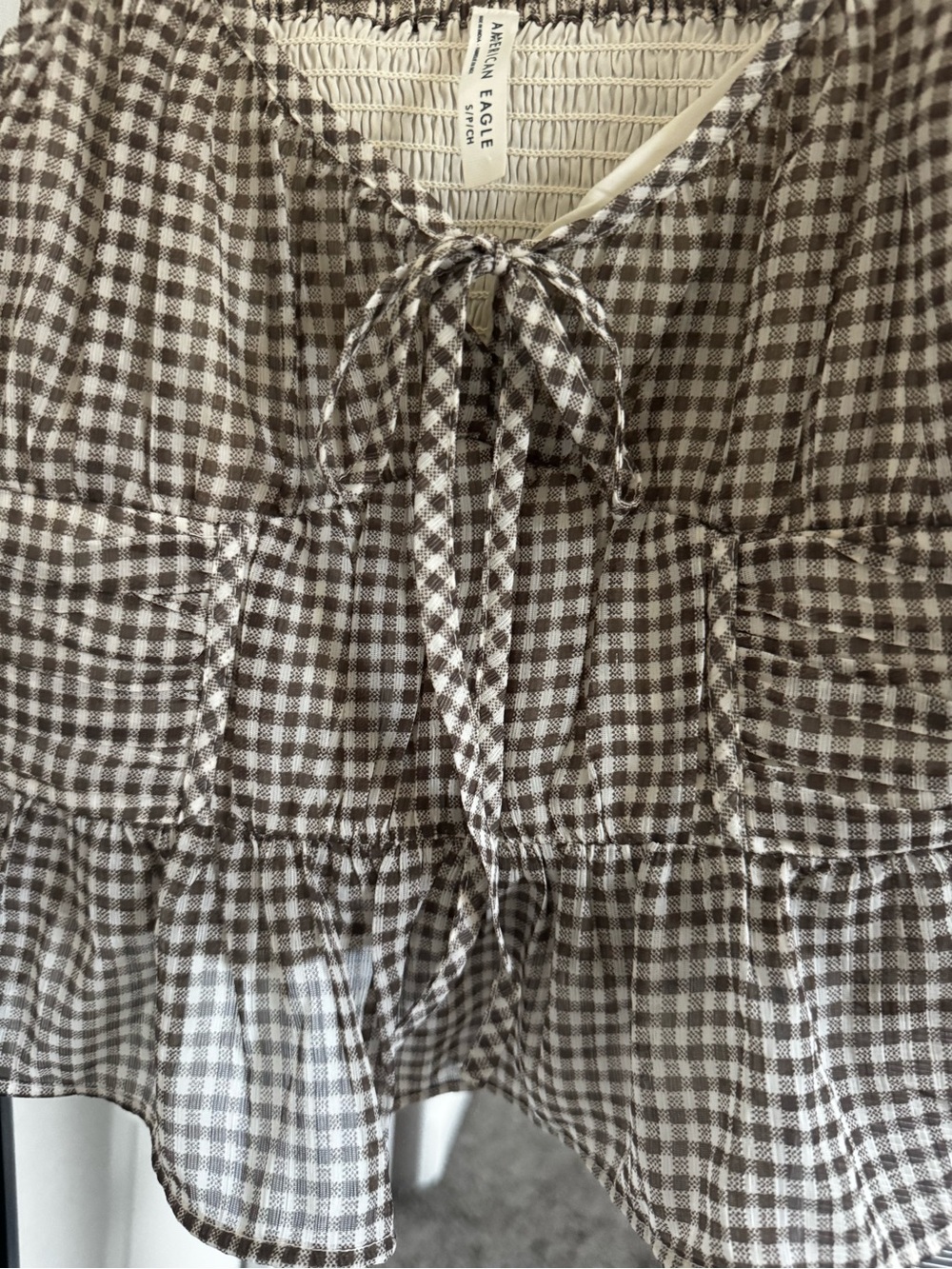 American Eagle  Brown Gingham Tie-Shoulder Peplum Cami - Picture 3 of 5